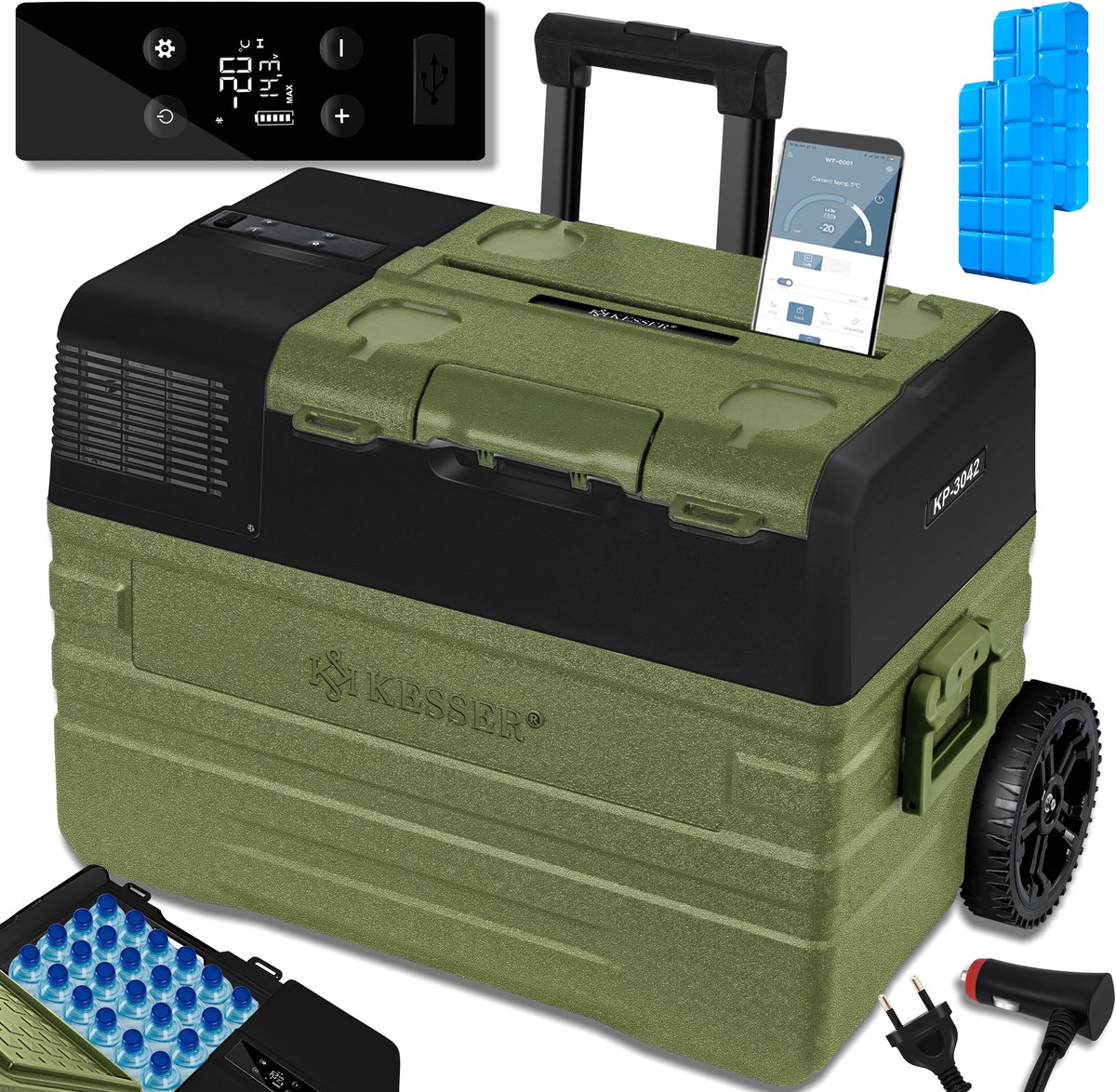 KESSER® Compressor Koelbox Elektrische Frigobox, met APP-bediening USB-aansluiting 12/24 V 230V, +Telescopische stangwielen tot -20 °C - 42L, 52L, Koelbox voor auto, vrachtwagen, boot, camper, camping - 42 Liter Kaki
