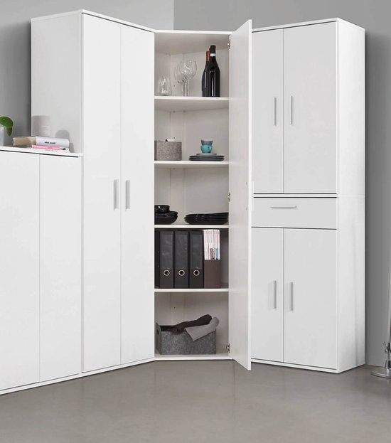 Witte opbergkasten in een hoekopstelling, één kast met open deuren gevuld met servies en mappen.