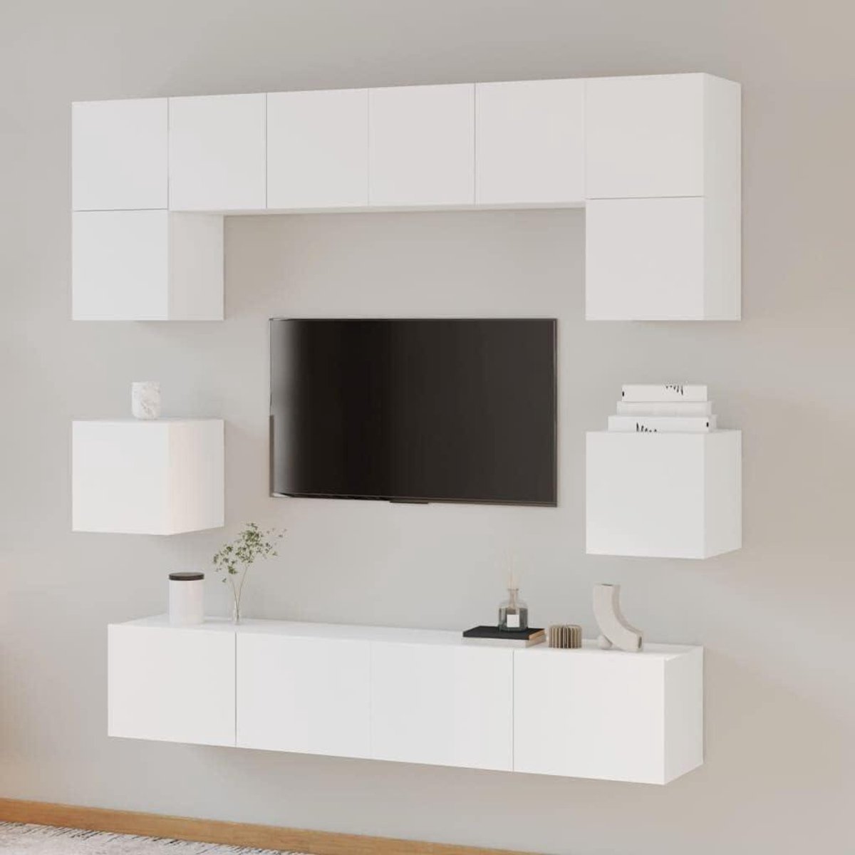 TV Meubel Set - Kast Media Unit - Wandmontage - Veel Opbergruimte - 8 Delig - Wit