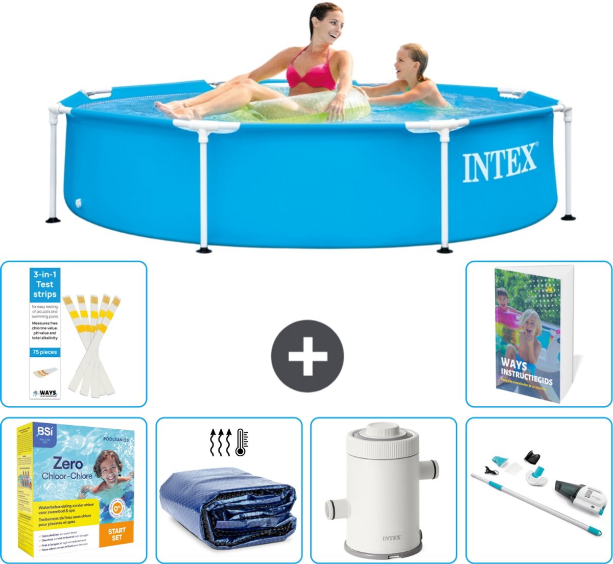 Intex Rond Frame Zwembad - 244 x 51 cm - Blauw - Inclusief Onderhoudspakket - Solarzeil - Zwembadfilterpomp - Stofzuiger - 7-delig