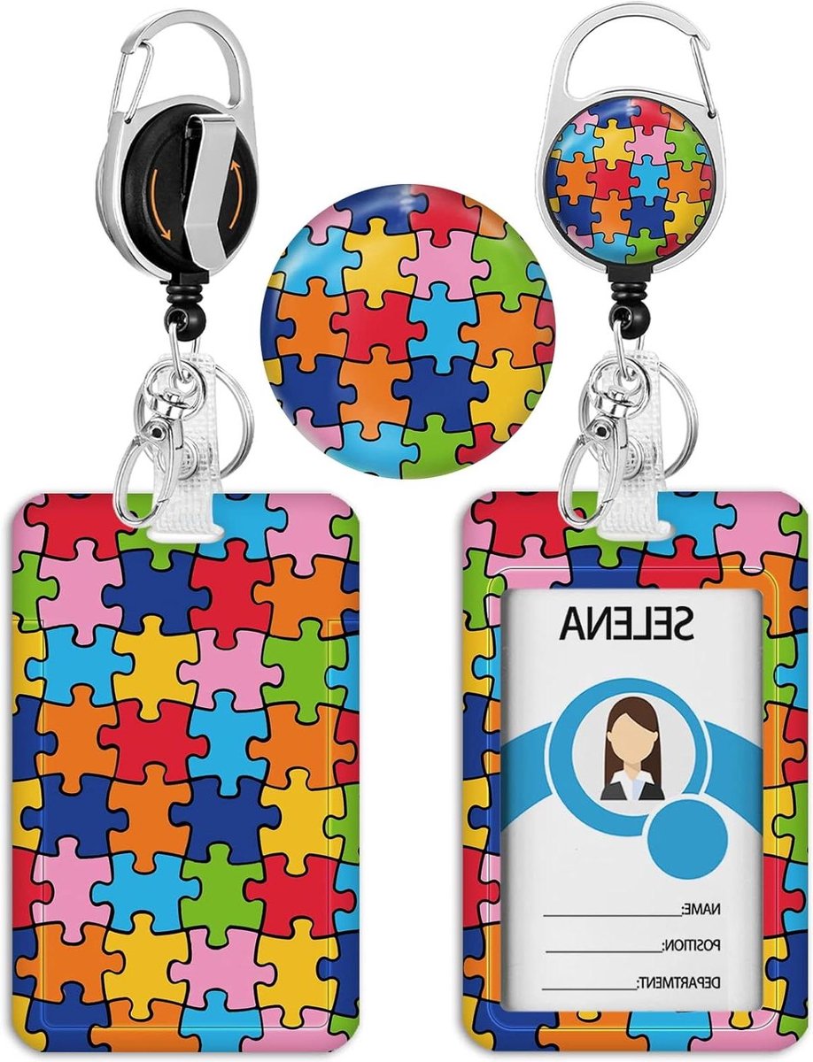 Badgehouder met Reel - ID Kaarthouder - Werk Kantoor - Autisme Puzzel Ontwerp - 11.43 x 7.62 cm - Multicolor