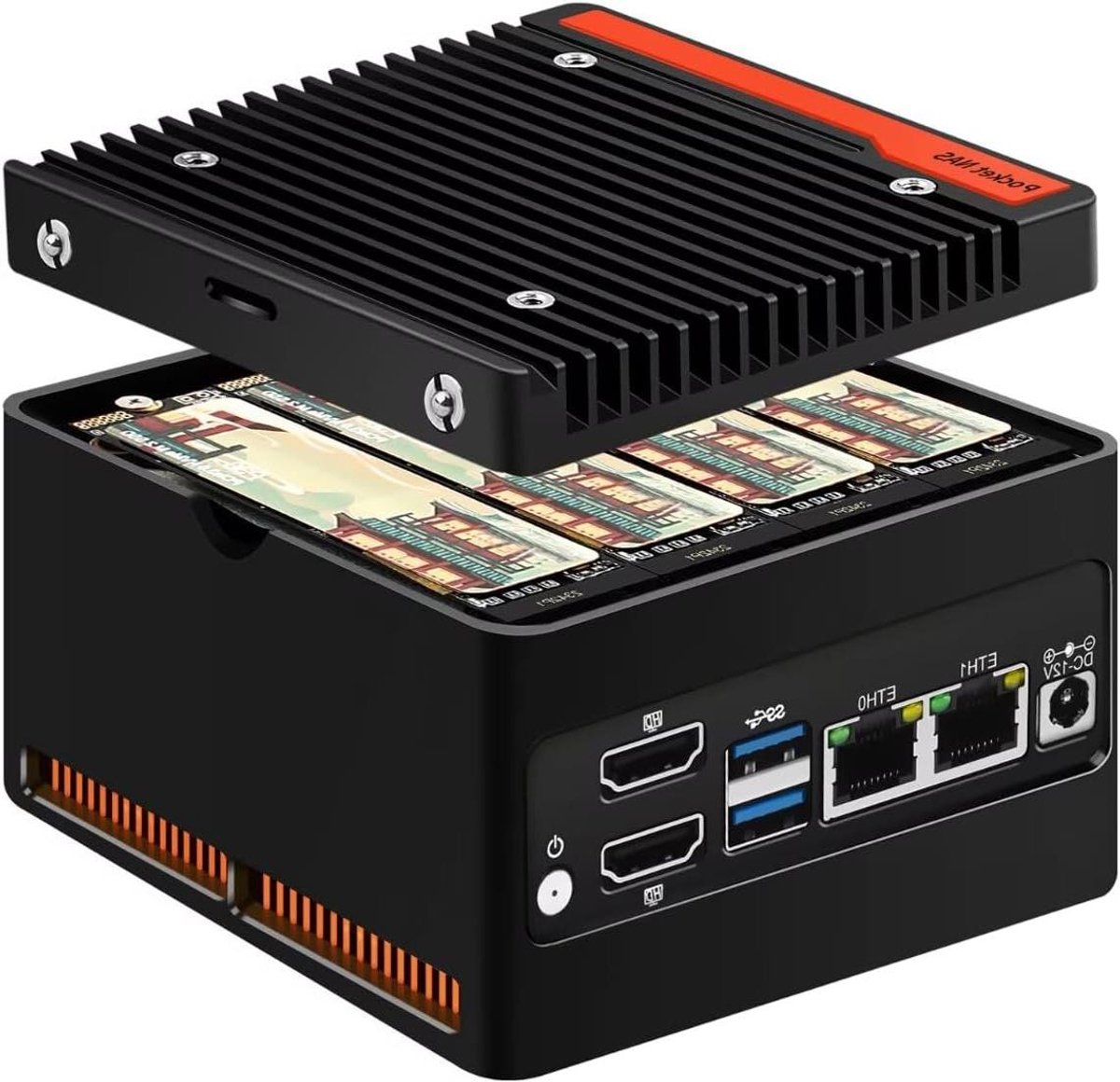 Mini NAS Server - Netwerk Opslag - Bestanden Delen - Vier M.2 NVMe Slots - 10x10x5.8 cm - Zwart
