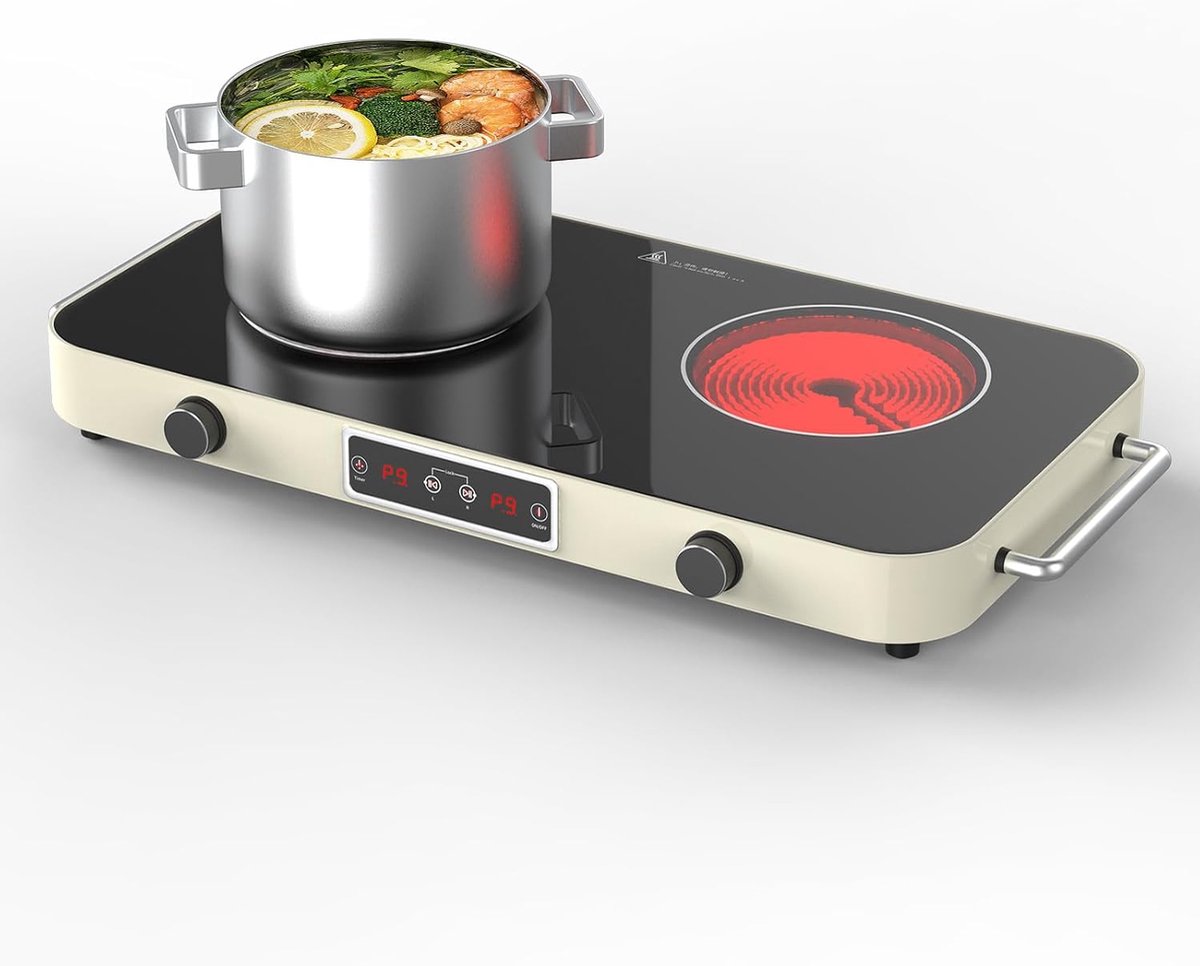 Keramische Kookplaat 2 Pits - Elektrisch Fornuis - Draagbaar Koken - 9 Vermogensstanden - 48 cm - Wit