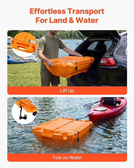 VEVOR Amfibische Drijvende Koelbox, 37,9 Liter Drijvende Drankkoeler Met Droog Compartiment en Trekkoord voor Water en Land, Kantelbare Koelcontainer Gemaakt Van Lldpe voor Zwembad, Rivier, Meer, Strand, Zee, Feestjes, Oranje van Vevor — afbeelding 4