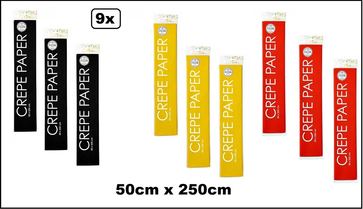 9x Crepe papier 250cm Belgie style zwart/geel/rood - Belgium WK thema feest knutselen festival decoratie party Duitsland
