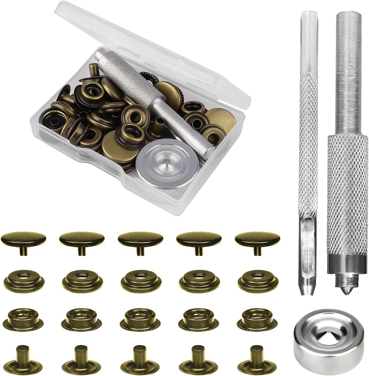 43-delige metalen drukknopset met instelbasis en holle pons, zware kwaliteit drukknoppen van 15 mm voor kleding, leren jassen, spijkerbroeken en handtassen