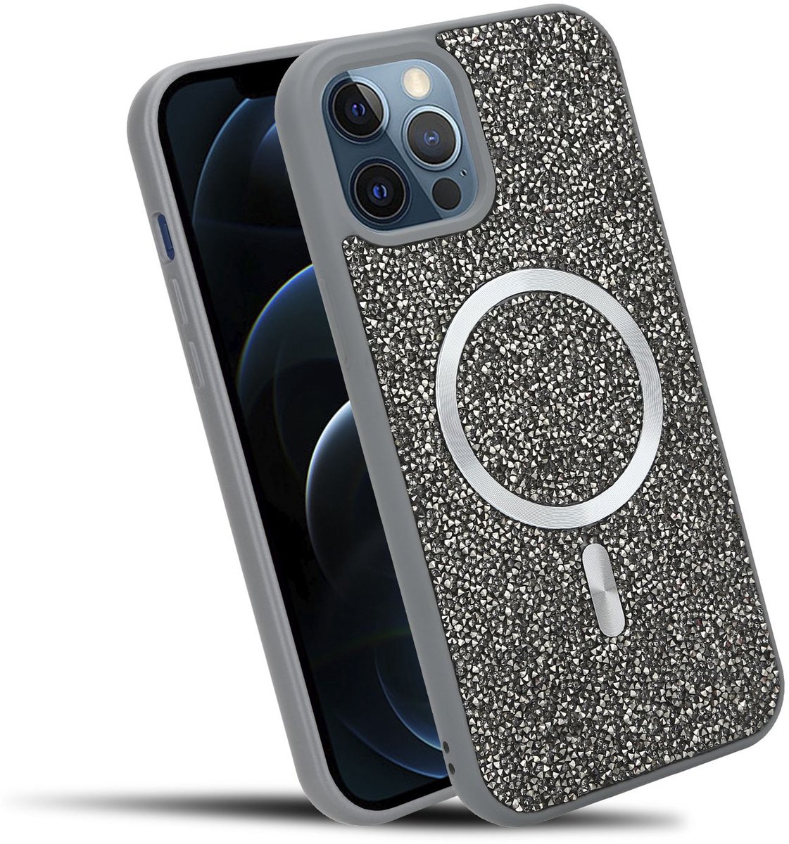 Hoesje geschikt voor iPhone 12 / 12 PRO in Grijs Diamant Glitter Stijl