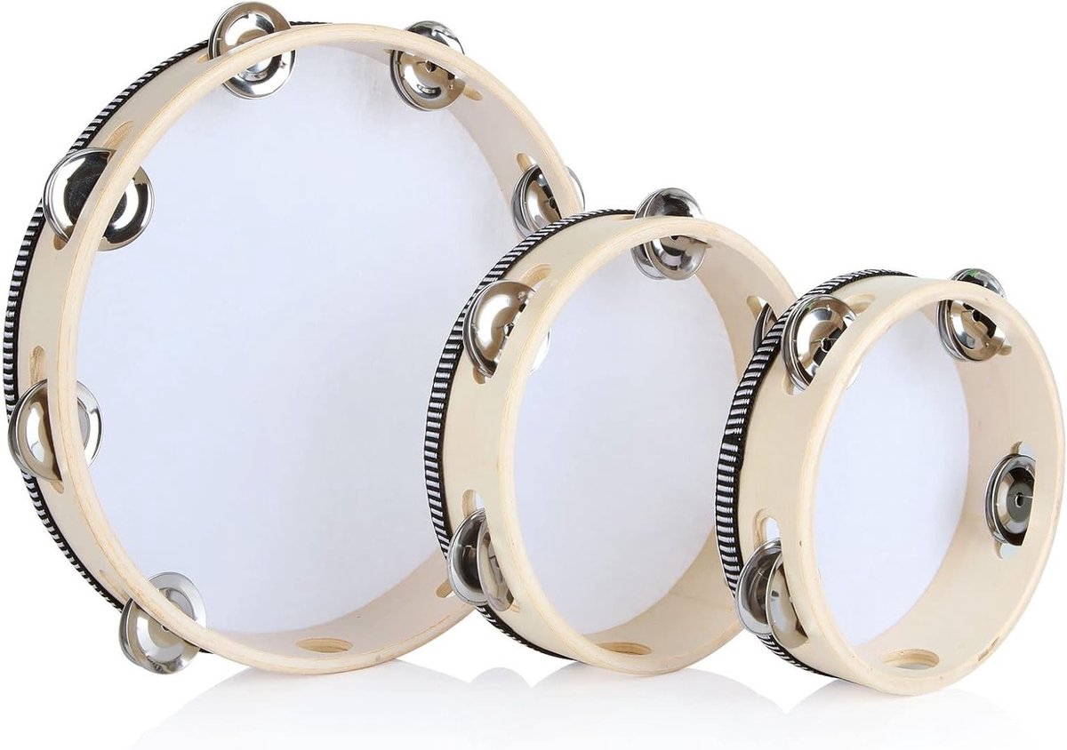 Drie-delige Tambourine Set van Hout, Handtrommel voor Volwassenen, Ideaal voor Muziek en Ritme (6 Inch, 7 Inch en 10 Inch)