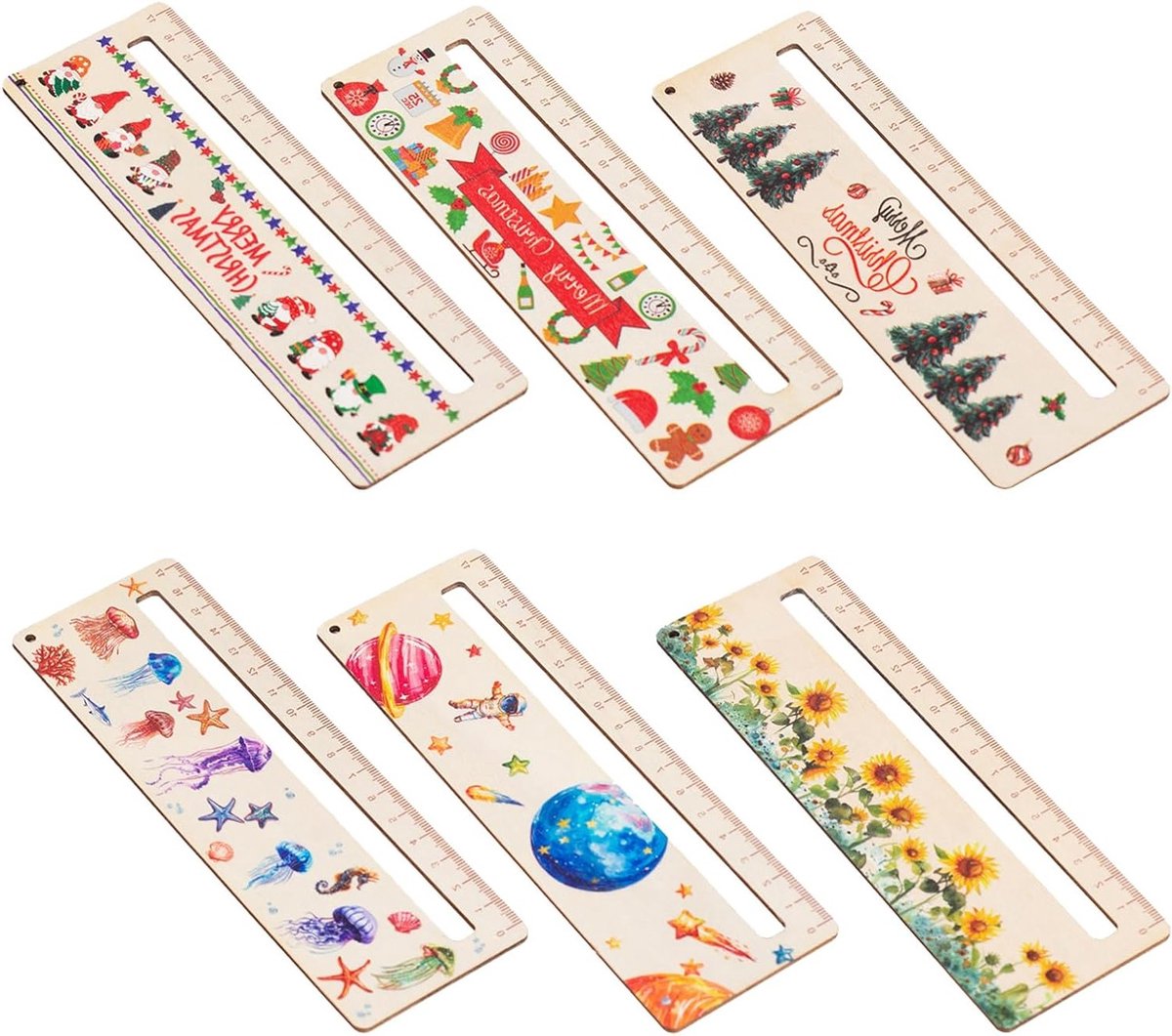 Set van 6 Houten Linialen van 17 cm, Perfect voor Onderwijs, Persoonlijke Boekenleggers en Kantoorbenodigdheden