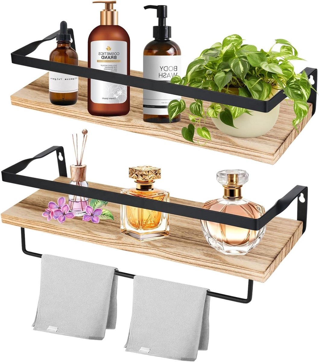 Set van 2 Houten Wandplanken met Handdoekrek, Decoratieve Planken voor Keuken, Badkamer en