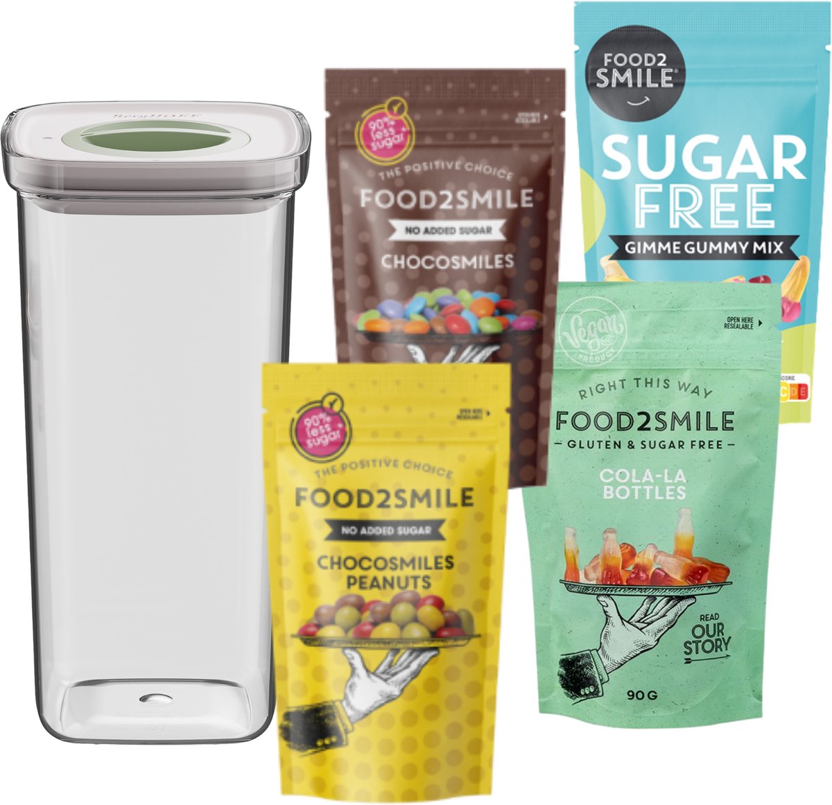 & FRIENDS | Food2Smile + Smart Seal 1.60L Gimmy Gummy Mix - Cola-la Bottles - Chocosmiles - Chocosmiles Peanuts - Transparant -