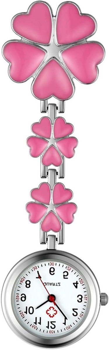 Hart Bloemen Verpleegsterhorloge - Zakhorloge Dames - Medisch Beroep - Met Stethoscoop - 2.5 cm Kast - Roze