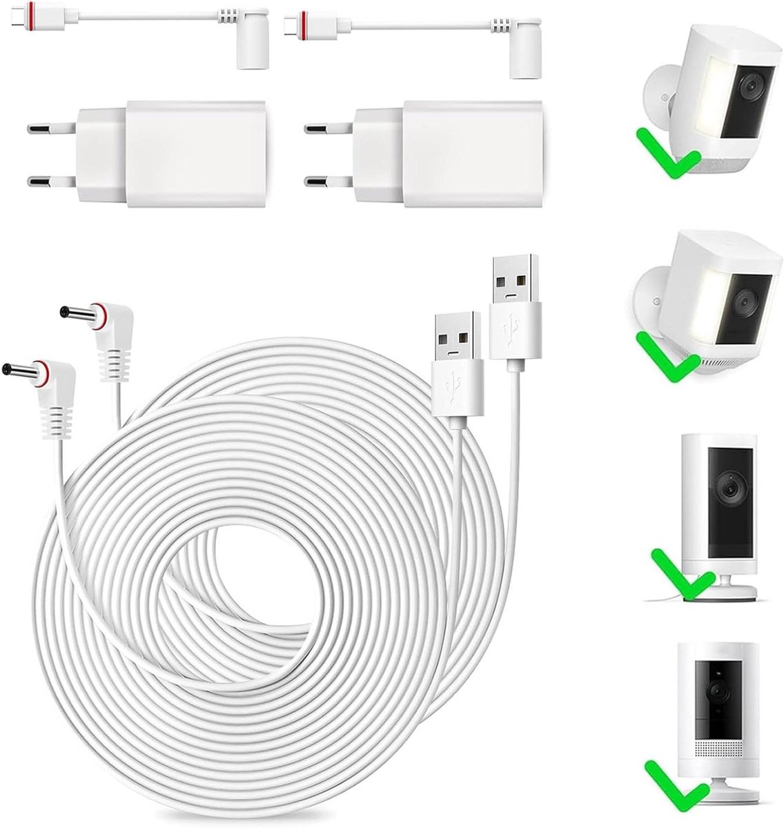 Stroomkabel Adapter - Camera Oplader - Continue Stroom - Waterdicht Ontwerp - 7.6 Meter - Wit