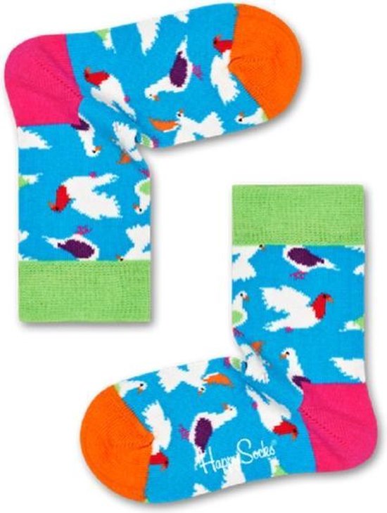 Blauwe sokken met witte duivenprint, roze en oranje hiel en neus, groene boord.