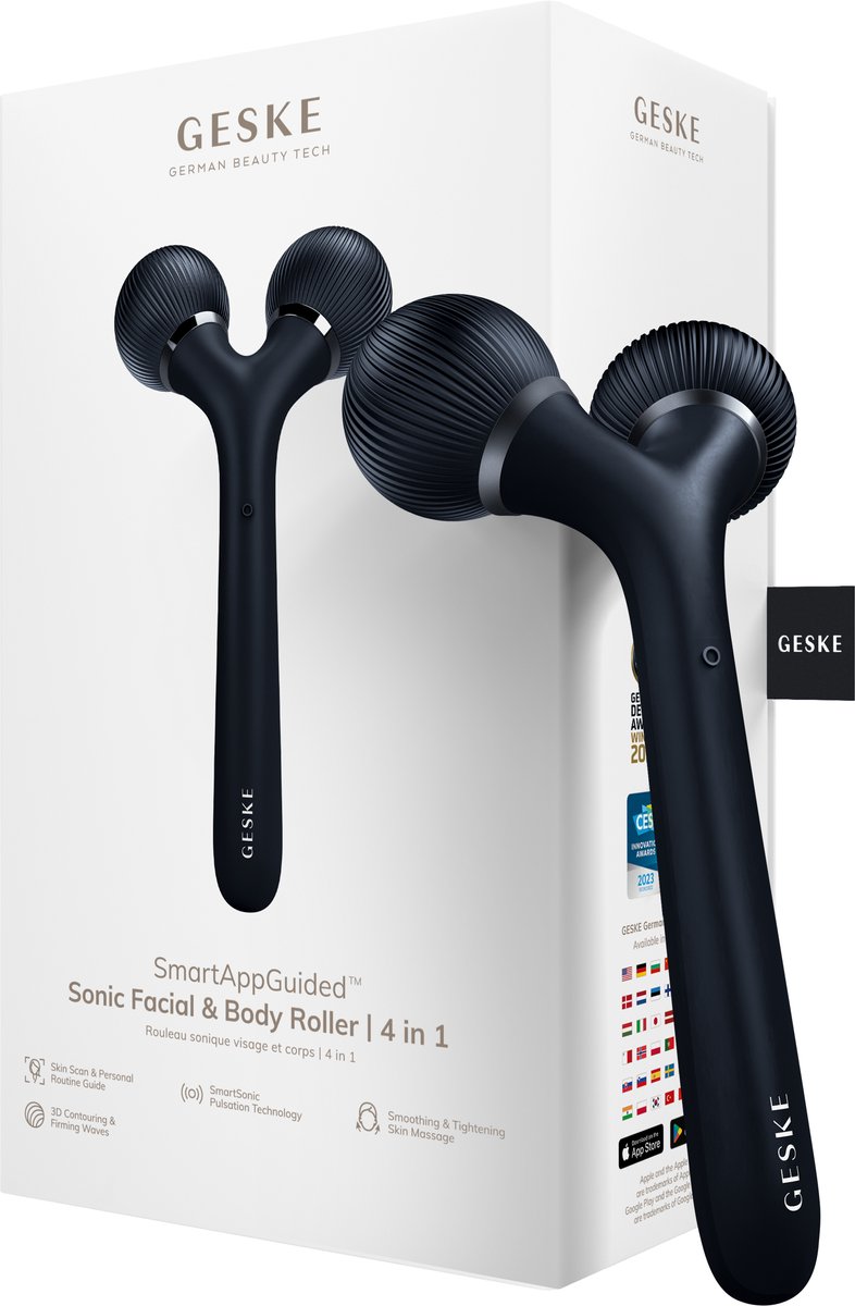 GESKE | SmartAppGuided™ Sonic Facial & Body Roller | 4 in 1 | Dermaroller | Apparaat voor gezicht en lichaam | Dermarol | Professionele gezichtsroller | Verstevigt en definieert lichaam en gezicht