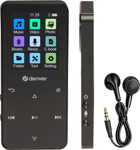 Zwarte Denver MP3-speler met een scherm dat de functies toont, en bijpassende zwarte oordopjes.