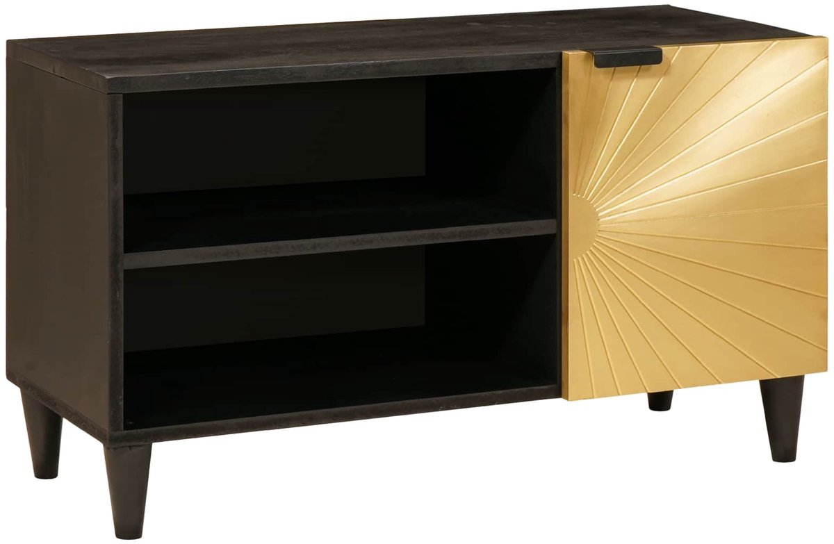 vidaXL - TV - Kast - met - plank - Zwart - en - Goud - 80 - x - 33 - x - 46 - cm - Bewerkt - hout