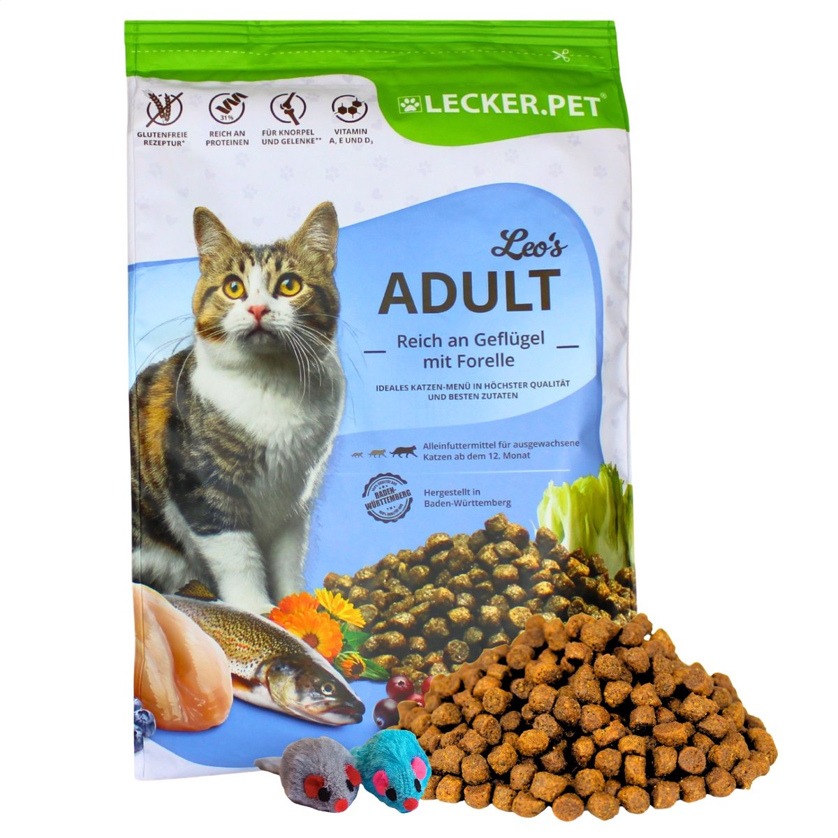 2,5 kg Lecker.Pet® Leo's Adult Geflügel & Forelle Katzenfutter Trockenfutter Vollnahrung + 2 Mäuse