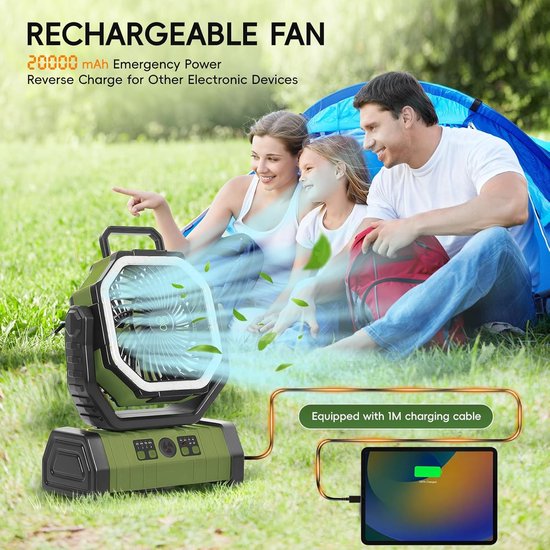 Camping Ventilator - Draagbare Ventilator - Buiten Kamperen - 20000mAh Batterijcapaciteit - 138 Uur Looptijd - Groen — afbeelding 3