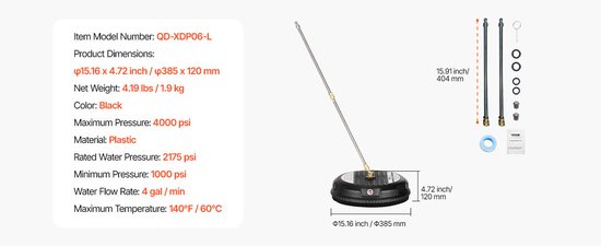 Archi Hogedrukreiniger - Oppervlaktereiniger - 15 Inch - 4000 PSI - RVS/PE Behuizing - Met 4 Wielen - 1/4 Snelkoppeling - Voor Terras, Oprit & Beton van Merkloos	 — afbeelding 3