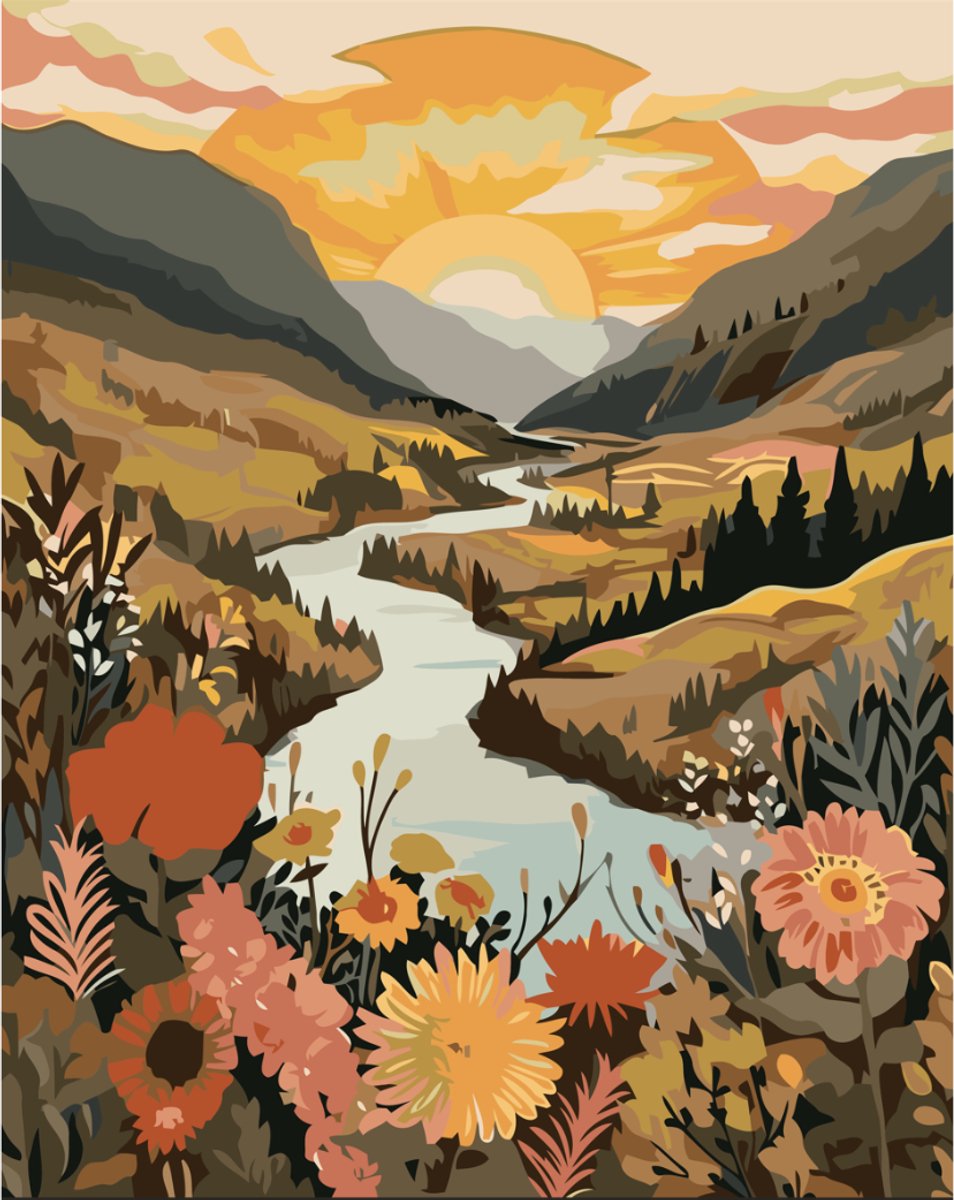 Untamed - Paint by numbers Volwassenen – schilderen op nummer – Creatieve hobby – Ontspanning Thuis – Cadeau idee – Compleet pakket – DIY decoratie – Landschap – Rivier – Zonsondergang – River at Golden Hour