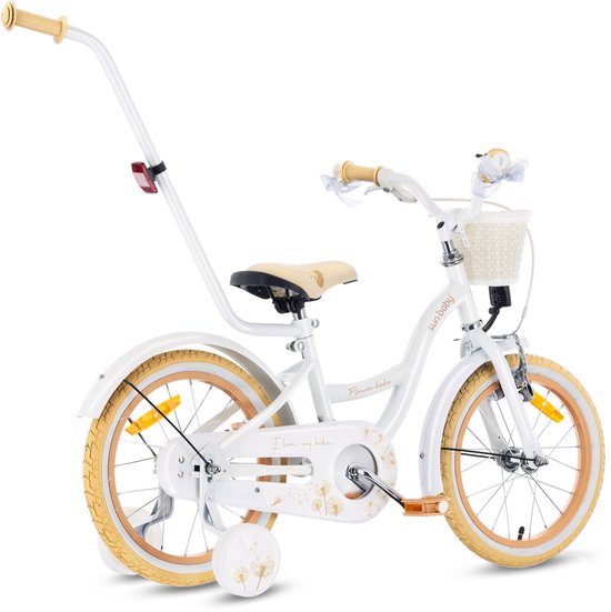 Flower Bike Fiets voor een meisje van 4 tot 6 jaar, 16 inch Wit Beig, met fietsbel, zijwieltjes, duwstang en stuurmandje van Popal — afbeelding 5