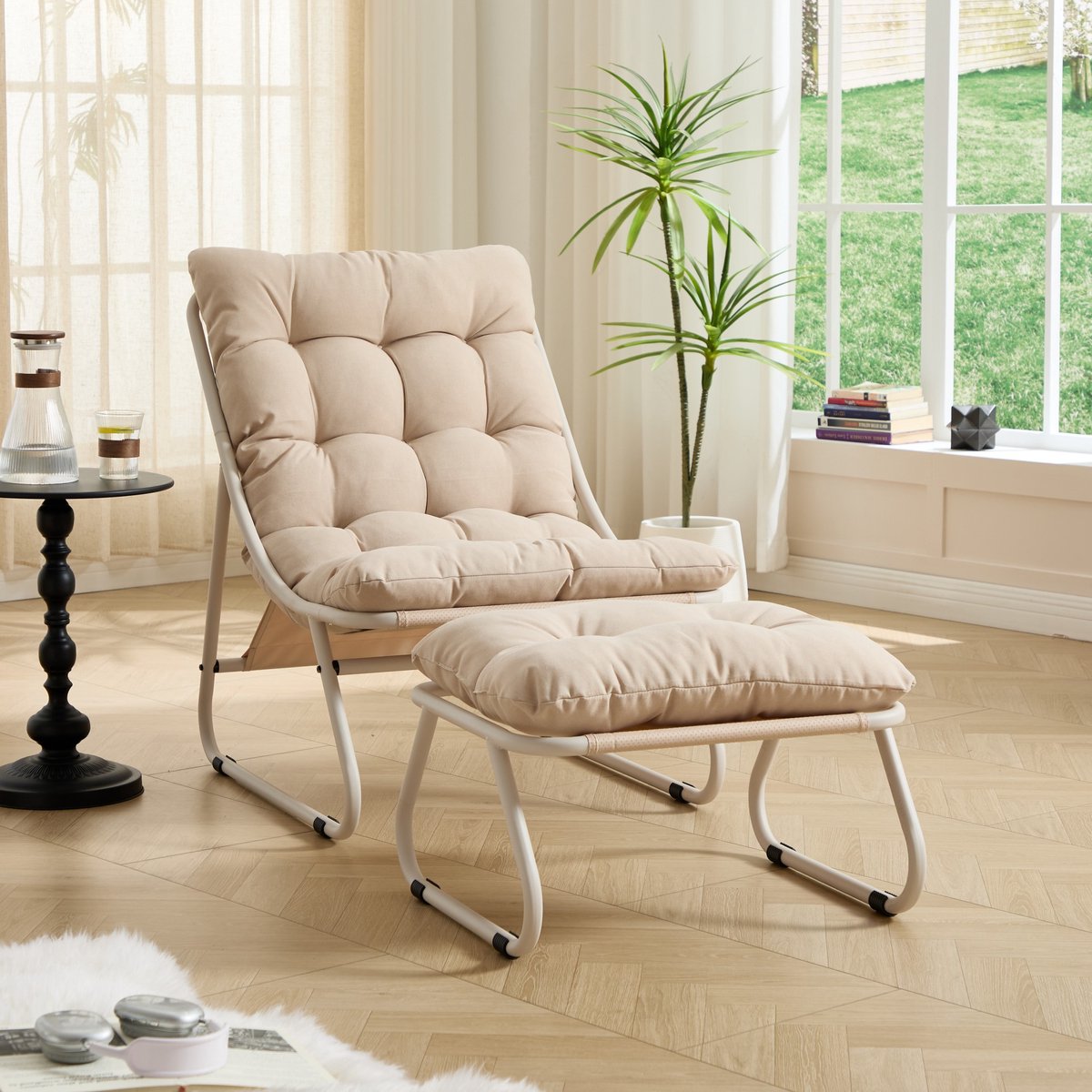 Sweiko Tuinstoel - Inclusief hocker - Relaxstoel - Met kussens - Metalen frame - Beige
