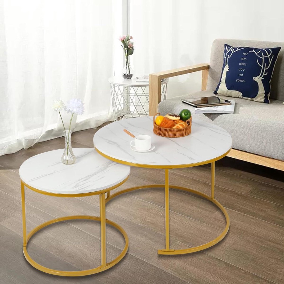 Set bijzettafels - Ronde tafels - Woonkamer decoratie - Marmerlook blad - 2 maten - Wit goud