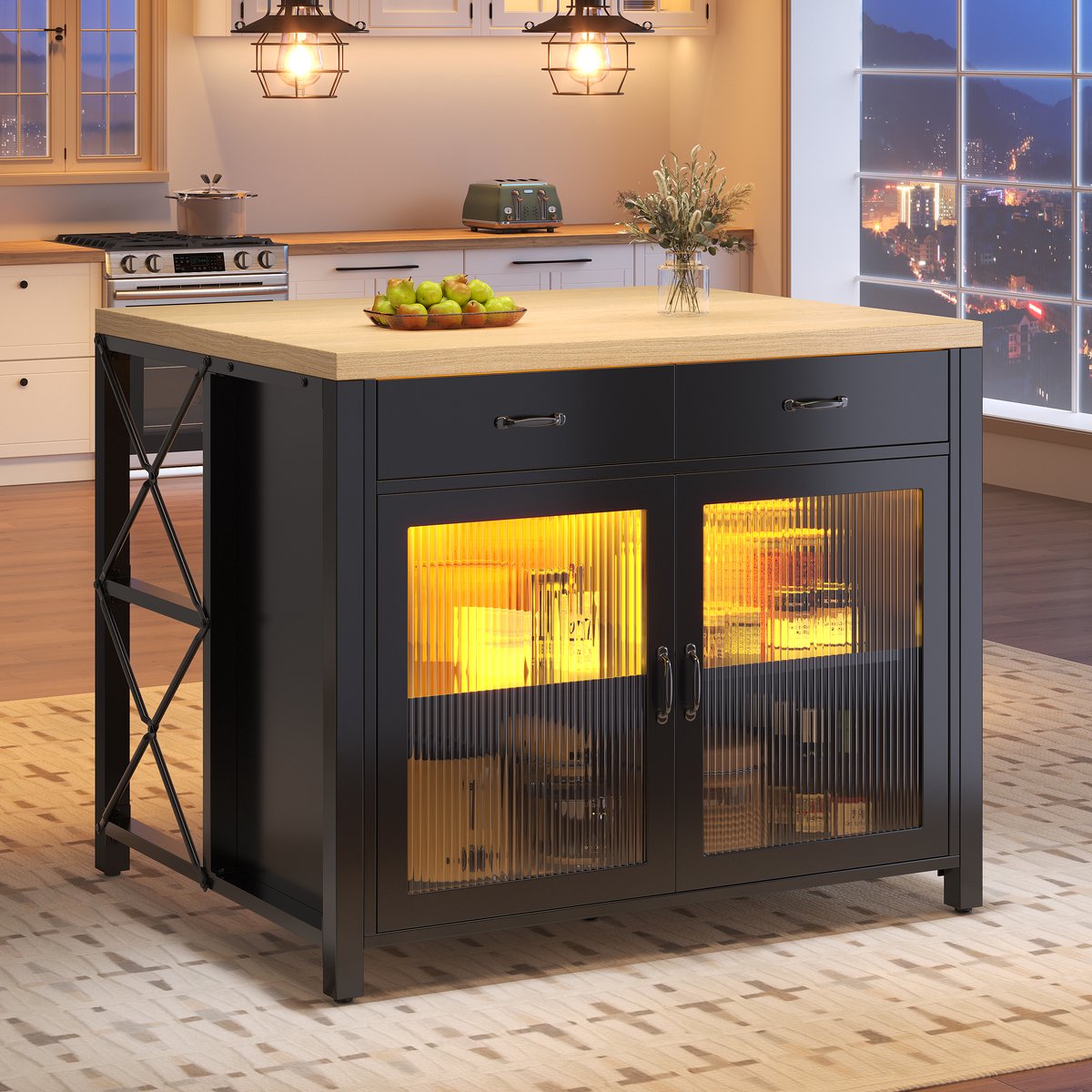 MIVRAY Keukeneiland - Met Glazen Deur En 2 Lades - Voor Keuken En Eethoek - MDF En Glas - 100 x 80 x 90 cm - Zwart