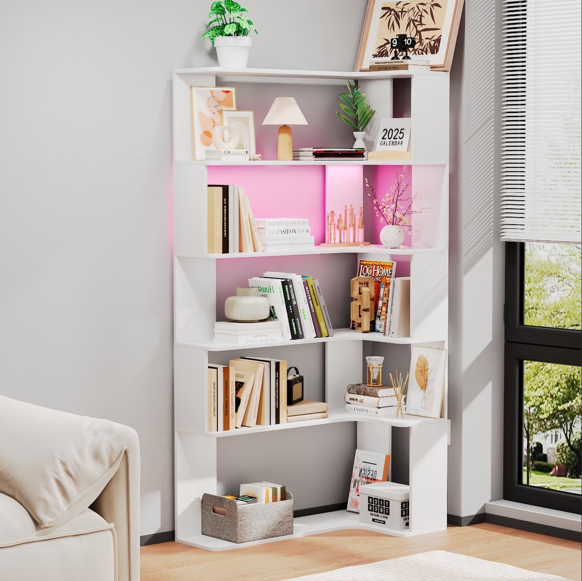Boekenkast - Witte boekenkast met 5 planken - Houten driehoekige boekenkast met verlichting Geometrische opbergkast - Geschikt voor de woonkamer, studeerkamer en thuis