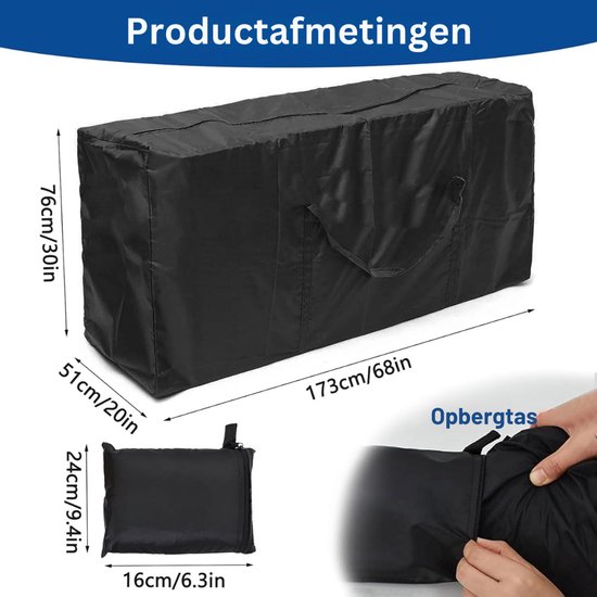 Afmetingen van de zwarte opbergtas: 173 x 76 x 51 cm. Opgevouwen: 16 x 24 cm.