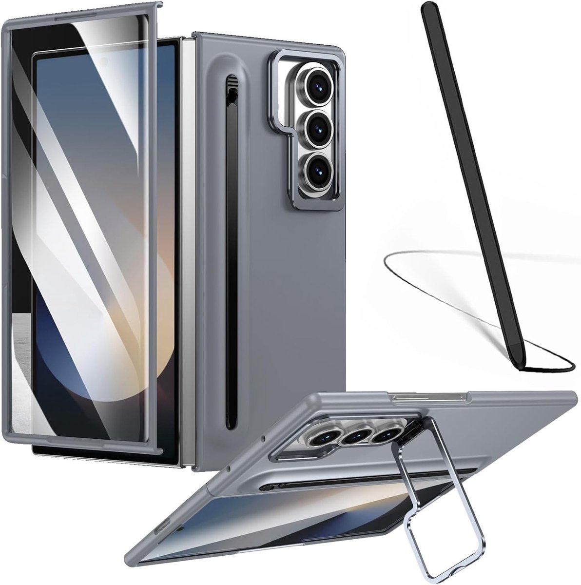 Beschermhoes voor Galaxy Z Fold 7 met Penhouder, Schermbeschermer en Verstelbare Stand - Grijs, Ideaal voor Veiligheid en Functionaliteit