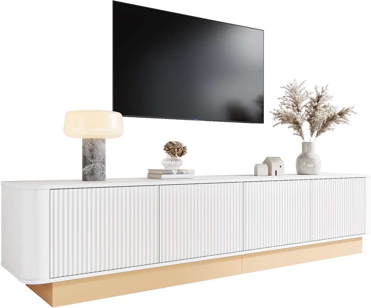 Clruro TV-Meubel - 200 cm - Met 4 Deuren En Verstelbare Planken - Geribbeld Design - MDF - Natuur Wit