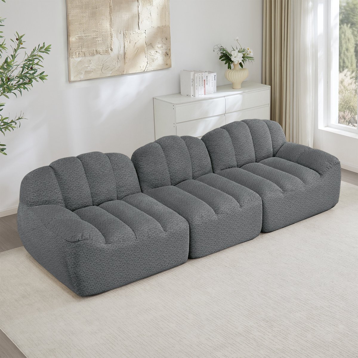 MODENUIT Hoekbank 3-Zits - Modulair Met Ottomaan - Voor Woonkamer En Appartement - Granulair Fleece - Grijs
