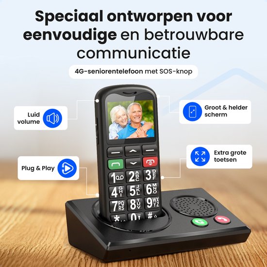 Zwarte seniorentelefoon met grote knoppen, luid volume, groot scherm en SOS-knop.