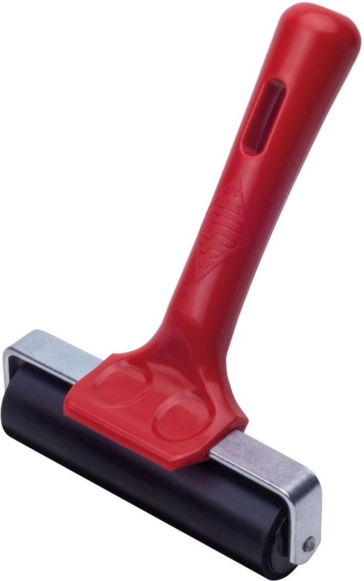 Essdee ink roller met rode handgreep en een zwarte rubberen rol.