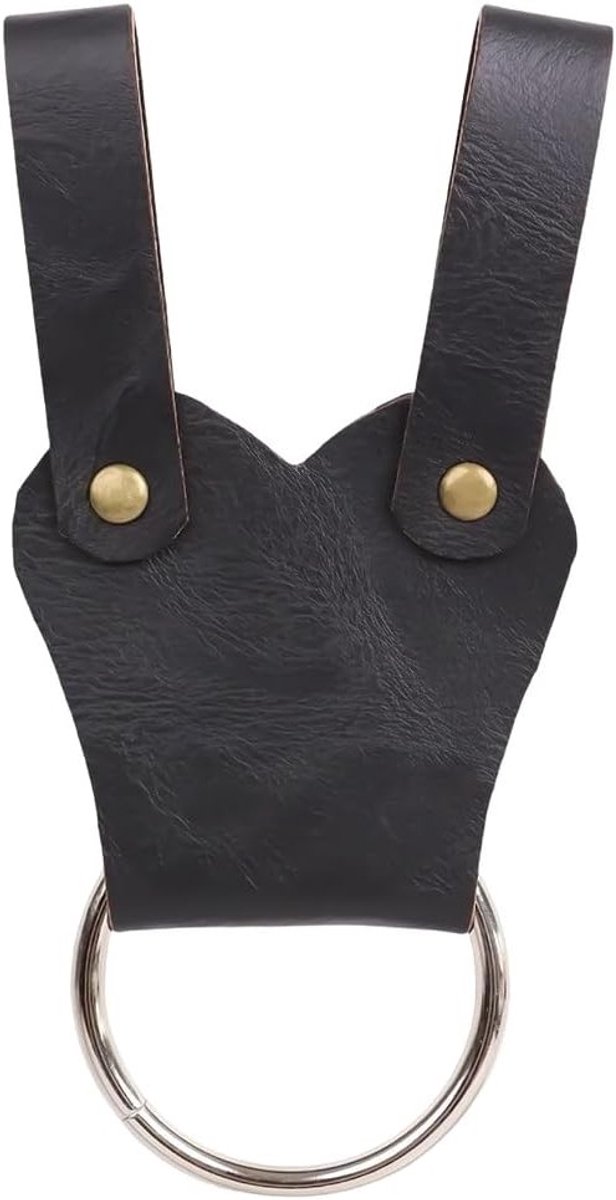 Zwarte leren tomahawk houder voor middeleeuwse kostuums met metalen ringen en riemlussen voor Halloween en cosplay