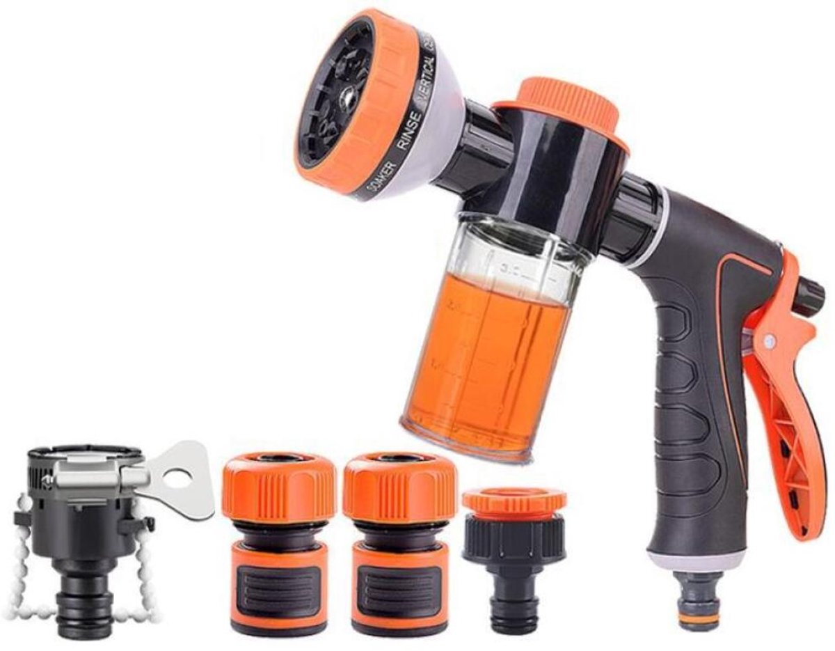Spuitpistool voor Tuinslang - Tuinsproeier & Watersproeier - 10 Sproeipatronen - Regelbare Watertoevoer - Met Schuimfles - Incl. 4 koppelingen - voor Auto Reiniging, Tuin Besproeiing en Tuinslang Aansluiting