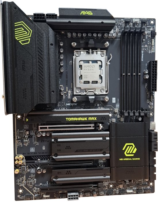 Carte mère MSI MAG B850 Tomahawk Max WiFi avec un processeur AMD Ryzen 7 9850X.