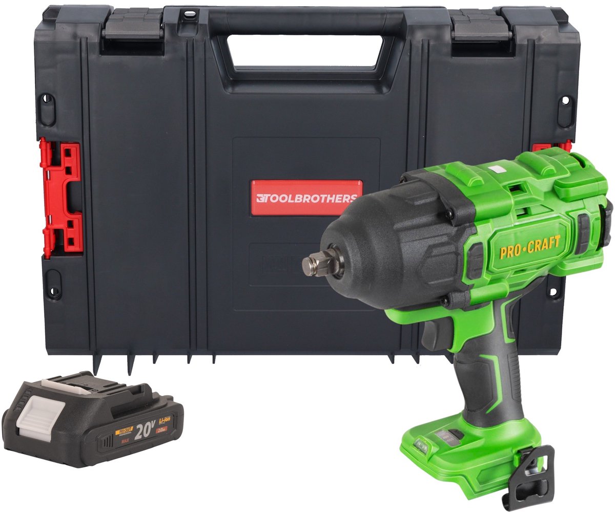 Procraft PWA80bb accu-slagmoersleutel 20 V 1600 Nm 1/2" borstelloos + 1x accu 2,0 Ah + RHINO-gereedschapskoffer - zonder oplader