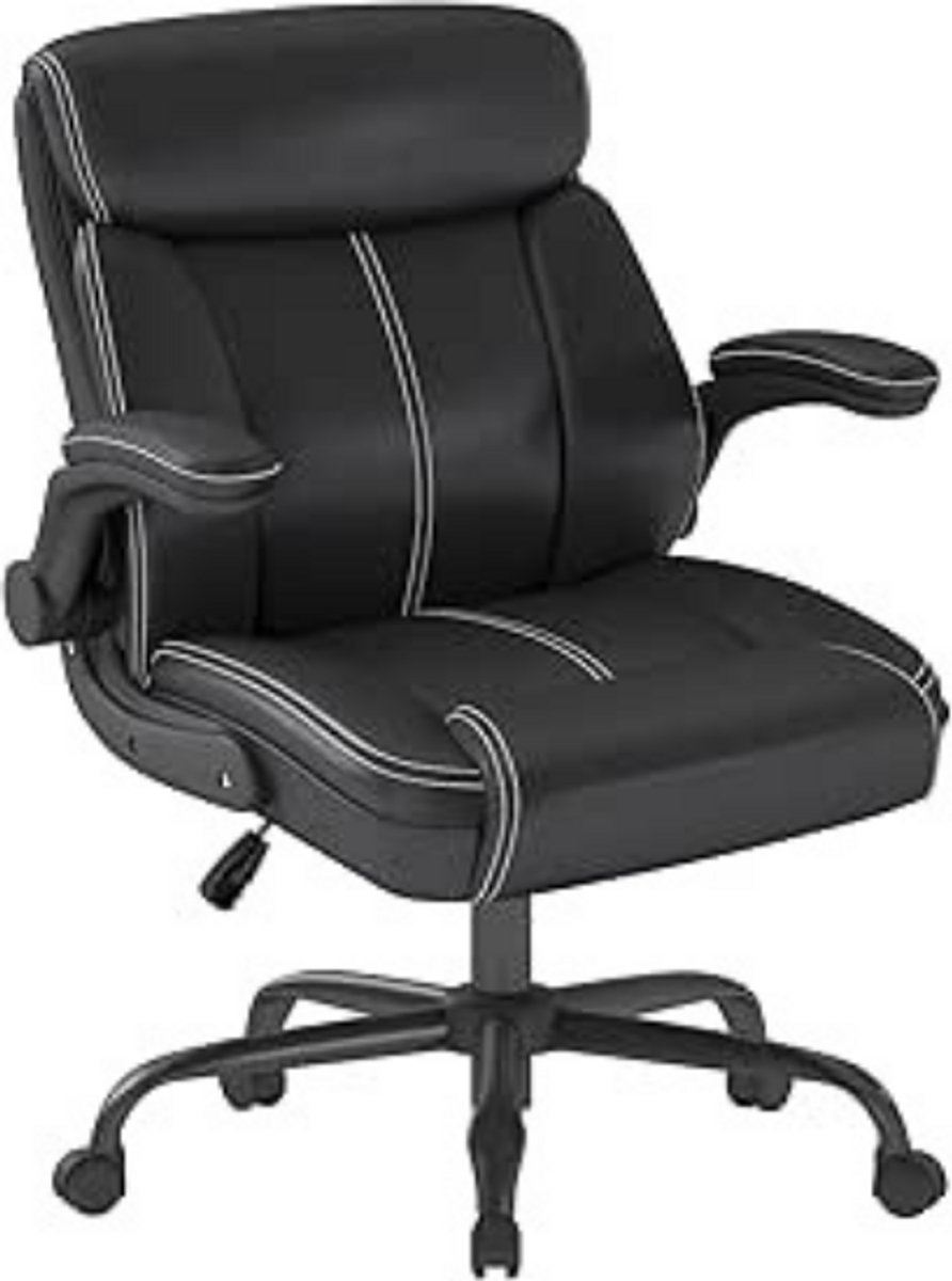 ANYGOD Ergonomische Directeursstoel Van Kunstleer - In Hoogte Verstelbare Bureaustoel - Opklapbare Armleuningen - 360° Draaistoel - Belastbaar Tot 136 Kg - Comfortabele Stoel Voor Thuiswerken En Kantoor - Zwart
