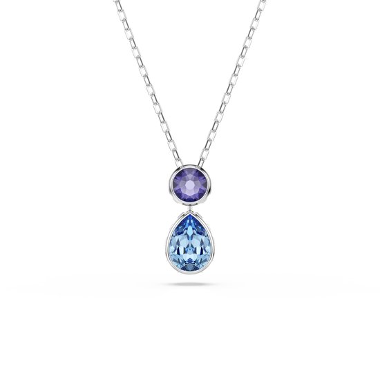 Zilverkleurige ketting met een ronde, paarse steen boven een druppelvormige, lichtblauwe steen.