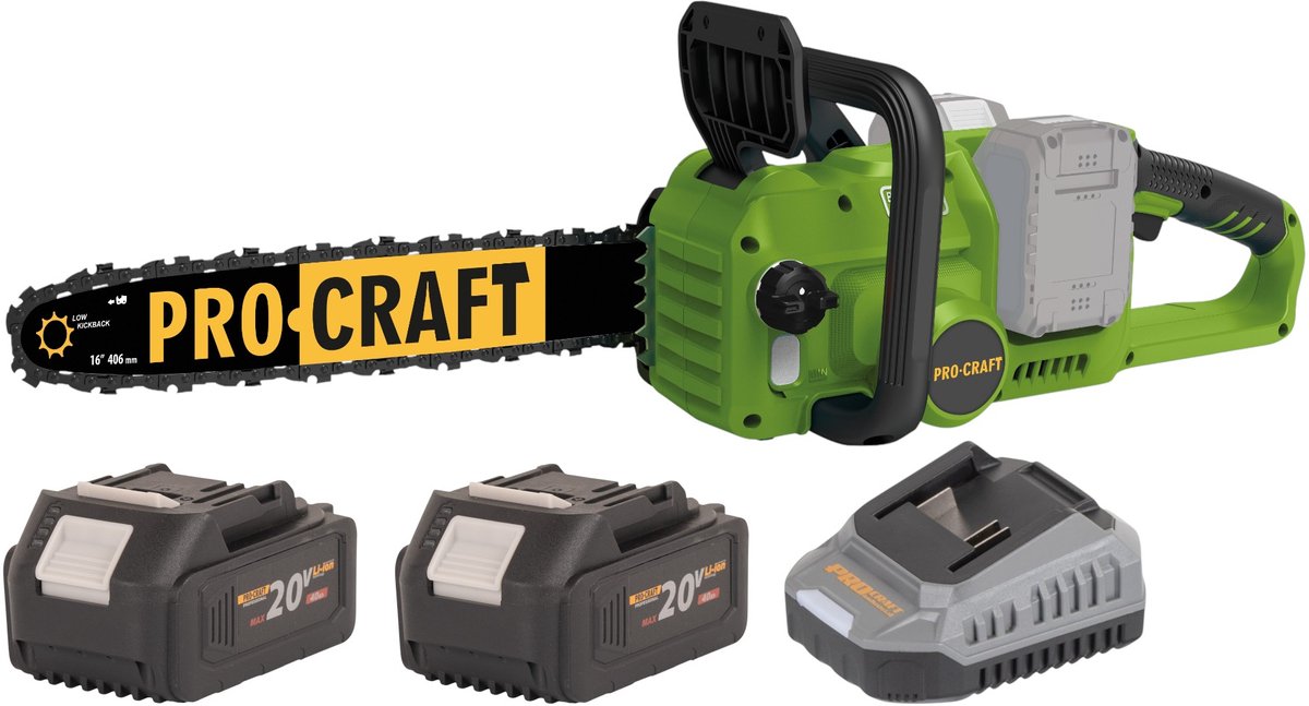 Procraft PCA42/2 accukettingzaag 40 V ( 2x 20 V ) 406 mm borstelloos + 2x accu 4,0 Ah + oplader