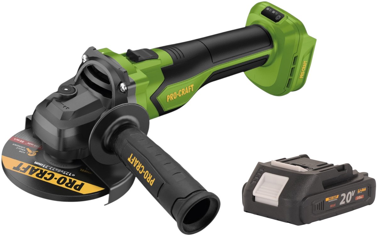 Procraft PGA22-BB accu haakse slijper 20 V 125 mm borstelloos + 1x accu 2,0 Ah - zonder oplader