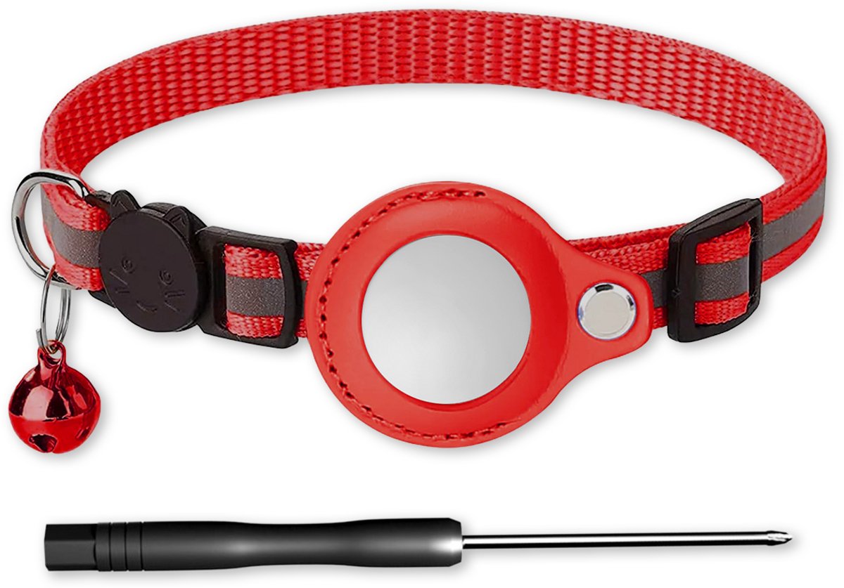 LUQ – Kattenhalsband Rood met Airtag Houder – Reflecterend & Verstelbaar – Met Belletje – Premium Nylon