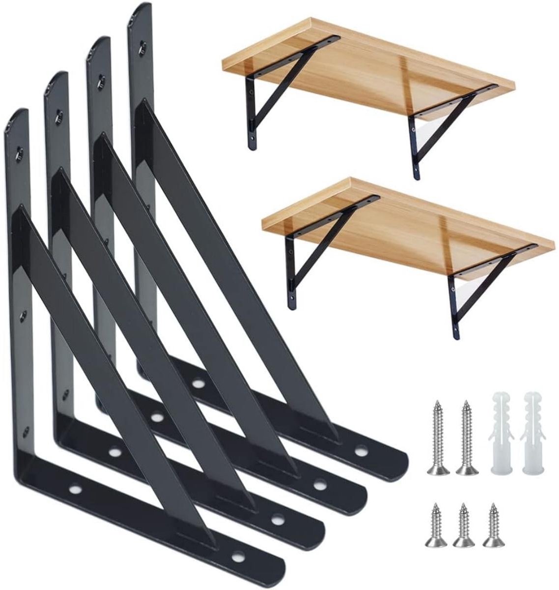 GELLDG Plankhouders - Steunbeugels - Zware Driehoekige Constructie - Roestvrij Staal Met Zwarte Afwerking - 4 Stuks Inclusief Montageset - Geschikt voor Boekenkast En Tuin - Zwart- 20cm
