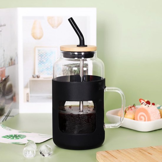 Glazen mok van 1500 ml - Hittebestendige siliconen waterfles - Met deksel, rietje en handvat - BPA-vrij, geschikt voor ijskoffie - Ook geschikt voor cold brew koffie, melkthee, smoothies en cocktails - Roze — afbeelding 2