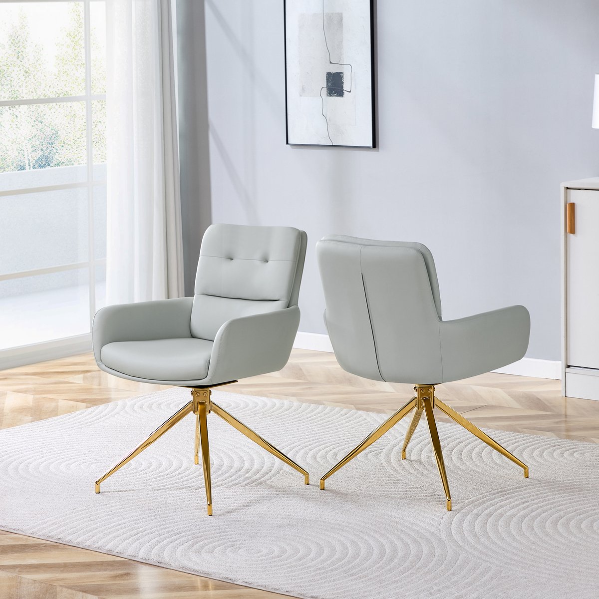 [2-delige set] Lichtgewicht luxe draaistoel in Europese stijl: warmgrijs PU + goudkleurige metalen poten, 360° draaibaar, 2-delige set voor eetkamers/ontspanningsruimtes.