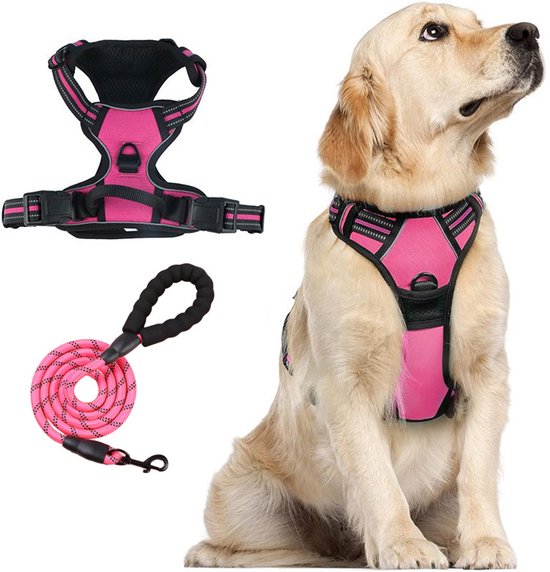 Harnais rose pour chien avec sangles ajustables, doublure noire rembourrée et laisse torsadée rose assortie avec poignée en mousse.