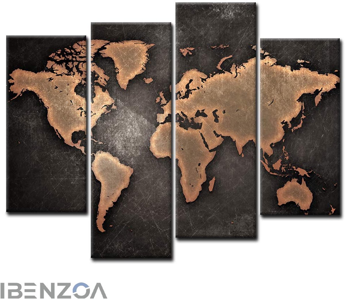 Ibenzoa Wanddecoratie - Wereldkaart - 4-delig - Bruin - Canvas